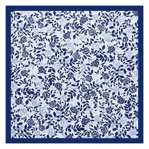 Elegant 60cm white square silk scarf featuring a dense blue floral vine print and border