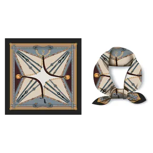 Elegant 53cm square silk scarf with vintage chain and belt pattern for professional women