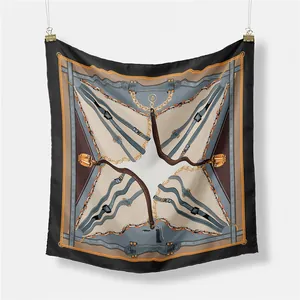 Elegant 53cm square silk scarf with classic horse harness and chain pattern hanging