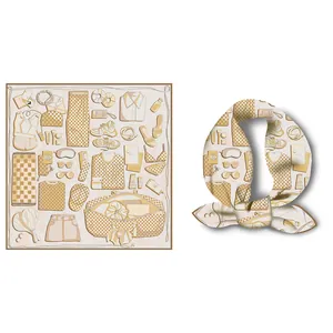 Dettaglio di un foulard in seta da 53cm con illustrazione moda e nodo su sfondo bianco
