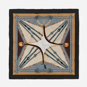 Elegant 53cm silk-like neck scarf featuring equestrian harness and gold chain patterns