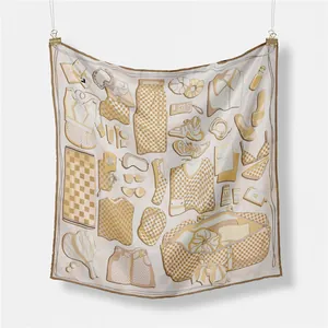 Foulard di seta francese 53cm con illustrazioni di moda e bordi marroni scuri