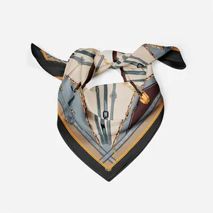 Silk-feel square scarf with equestrian belt and chain pattern on white background