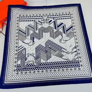 Classic 90cm silk scarf with navy blue geometric equestrian print and hand-rolled edges