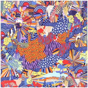 Artistic 130cm silk scarf featuring colorful African wildlife animal prints and patterns