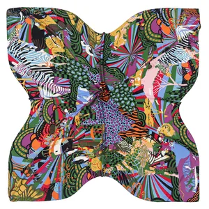 Artistic animal print twill silk scarf with zebra and leopard motifs in vibrant colors