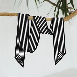 French Style Black White Stripe Satin Silk Feel Narrow Long Scarf For Women Decorative Bag Ribbon Hair Band Neck Tie