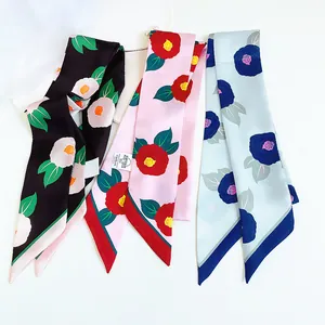 Floral print narrow silk scarf twilly for hair and handbags in three assorted colors