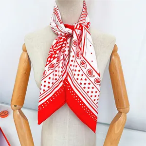 Elegant French style 90cm red and white silk scarf with paisley and star patterns