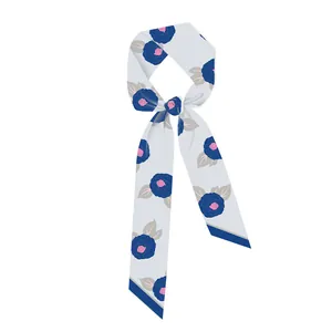 Elegant skinny silk scarf with camellia floral print for neck or bag handle decoration