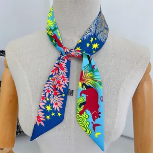 Artistic silk skinny scarf featuring jungle animal print tied on a white neck mannequin