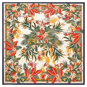 130cm French style tropical palm leaf and floral print satin silk square scarf wrap