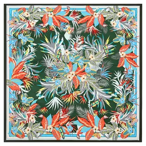 130cm tropical botanical silk scarf featuring vivid leaves and butterfly patterns