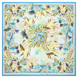 French style 130cm large square floral scarf featuring tropical butterflies and plants