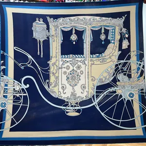 Vintage European Court Carriage Pattern Large Square Scarf Elegant Tassel Print Satin Texture Shawl For Women Winter Wrap