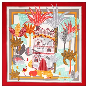 Hand-painted 130cm large silk scarf with flamingos, palm trees and exotic buildings