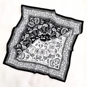 Classic 53cm black and white paisley silk-style square scarf with elegant twill pattern