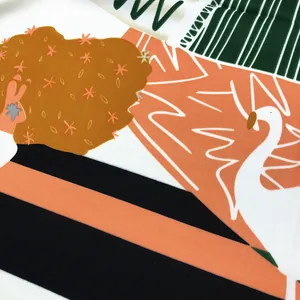 Detail of artistic hand-painted floral scarf featuring woman silhouette and white goose
