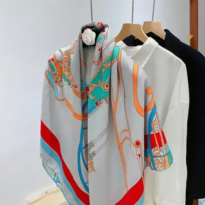 Detail of classical horse carriage pattern on thick silk-like shawl scarf for winter