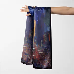 Écharpe en soie style européen avec imprimé Café de Van Gogh et long ruban artistique