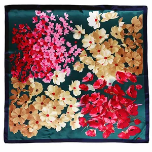 Foulard in seta verde scuro 90cm con fantasie floreali e bordi blu rifiniti