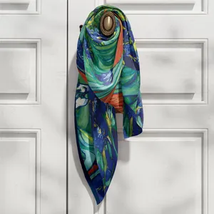 Écharpe artistique Van Gogh Iris peinture à l'huile en vert et bleu style soie