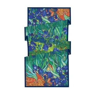 Écharpe double couche en soie avec imprimé Iris de Van Gogh et bordures bleues
