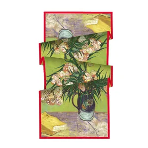 Écharpe en soie Van Gogh Laurier-rose 180x70cm avec bordures rouges élégantes
