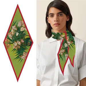 Diamond-shaped silk scarf with Van Gogh Oleander floral print and red border