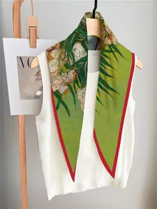 Artistic van Gogh style silk scarf with green floral oil painting print on a white vest