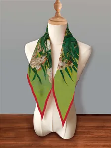 Close-up of Van Gogh oil painting silk scarf with oleander pattern and red border