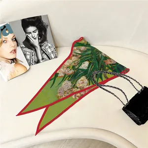 Van Gogh Irises oil painting style silk scarf with green floral print and red edges
