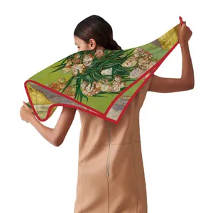 Van Gogh oil painting style 90cm square silk scarf with green iris and red border