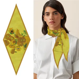 French Vintage Van Gogh Sunflowers Oil Painting Satin Diamond Scarf For Women Elegant Neck Tie Hair Band Handbag Decor Accessory