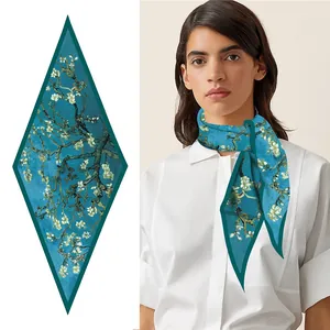Van Gogh Almond Blossom artistic turquoise silk scarf with floral print and dark teal border