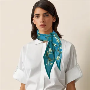 French style silk scarf featuring Van Gogh almond blossom art on light blue satin fabric