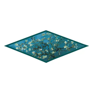 Almond Blossom diamond-shaped silk scarf in Van Gogh art style on white background