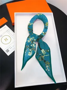 Artistic Van Gogh almond blossom silk twilly scarf for women with blue floral pattern