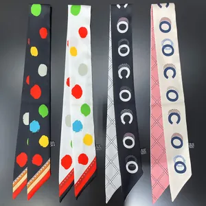 Polka dot and geometric pattern long polyester skinny scarves set with tapered ends