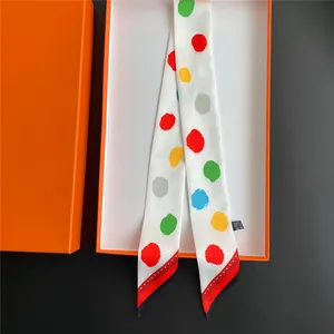 Polka dot skinny silk scarf in luxury orange gift box for hair or handbag handle styling
