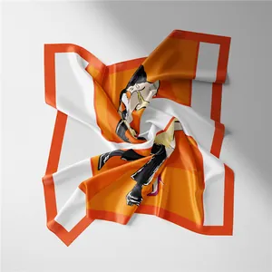 Dettaglio di un foulard di seta con bordi arancioni e illustrazione di ballerina da donna