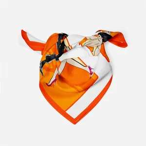 Foulard quadrato arancione con stampa di ballerina alla moda e motivo moderno in twill