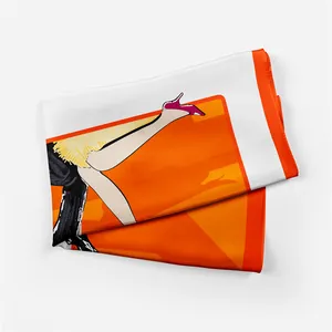 Dettaglio del foulard 53cm con stampa vintage di gambe di ballerina e bordi arancioni
