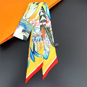 Twilly en polyester à motif plumes colorées pour poignées de sac et bandeau cheveux