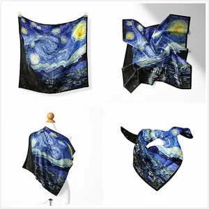 Artistic Van Gogh Starry Night silk-feel square scarf for women in four styling views