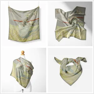 Detail showing Vincent van Gogh oil painting floral pattern on a silk feeling twill scarf