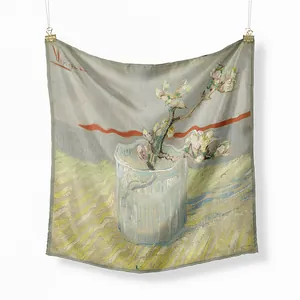 Artistic square silk scarf featuring Van Gogh's almond blossoms in a glass painting