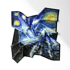 Artistic Van Gogh Starry Night silk scarf featuring deep blue and yellow swirl pattern