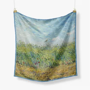 Artistic Van Gogh wheat field oil painting silk square scarf for women accessories