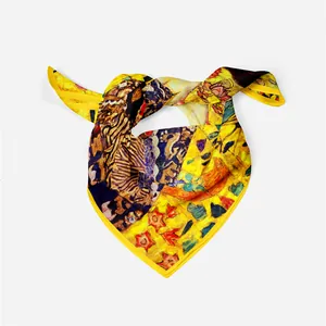 Klimt style yellow silk scarf featuring artistic oil painting prints and satin finish